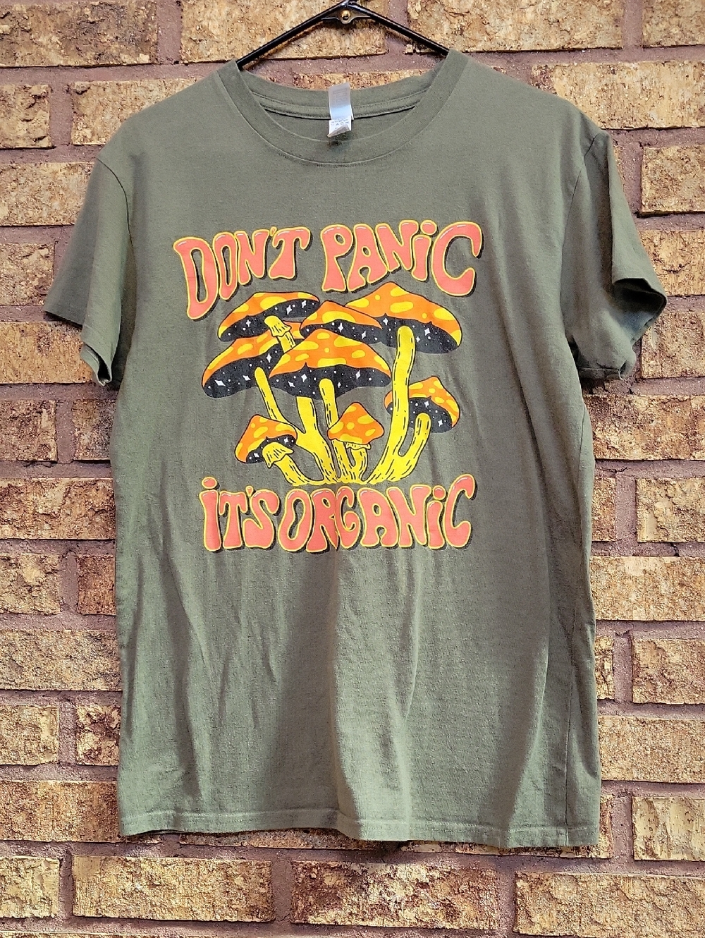 Brisco Brands "Dont Panic Its Organic" Graphic Tee Size Medium Green